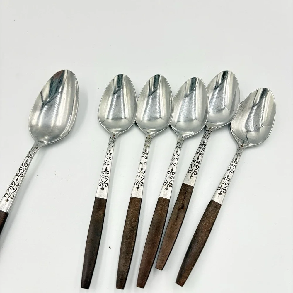 Interpur MCM Set-Spoons Stainless Faux Wood Handle‎ 5 Teaspoons 1 Tablespoon Rd